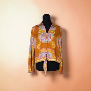 RACHEL ZOE AMBER ORANGE & PURPLE PAISLEY LONG SLEEVE TOP BOHO SIZE M